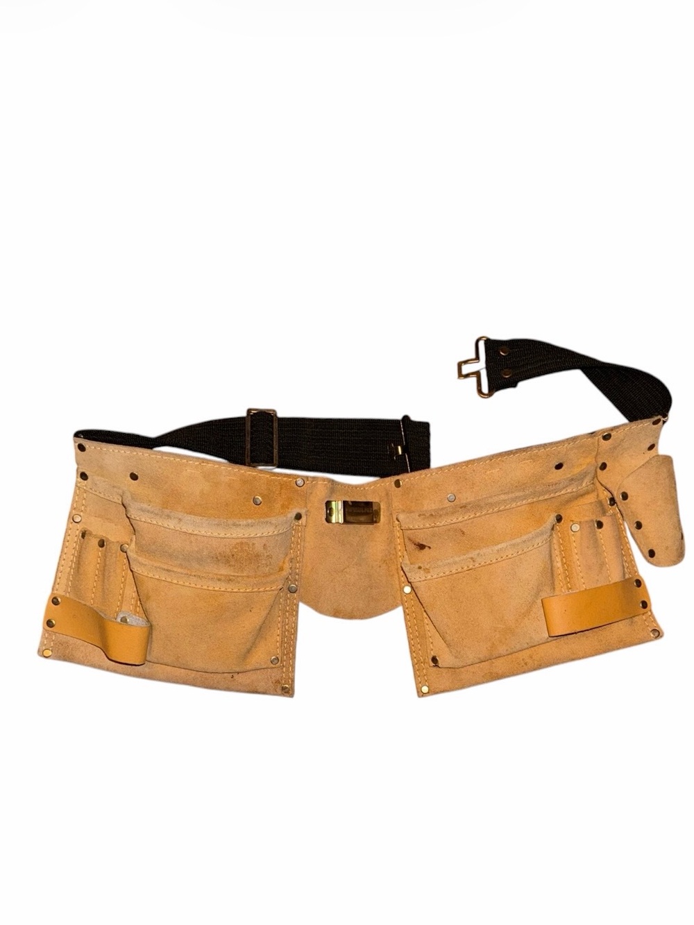 Tan Suede Unisex Toolbelt with Black Adjustable Strap and Multiple Pockets